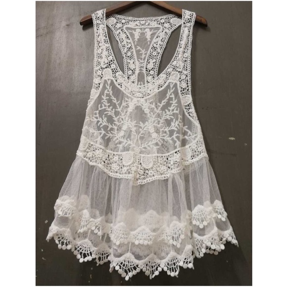 057 Boho Cream Floral Crochet Lace Racerback Top cover up - Picture 8 of 8